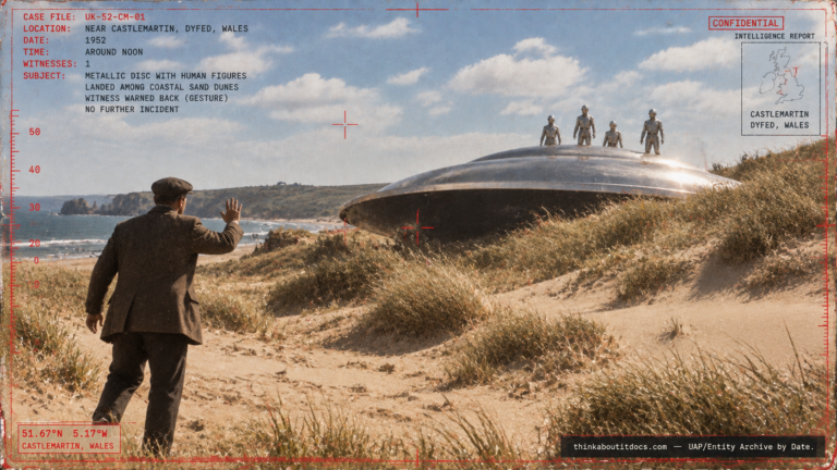 Archival-style illustration of the 1952 Dyfed, Wales UFO case, showing a metallic disc partially concealed in sand dunes with several human-looking men standing on top