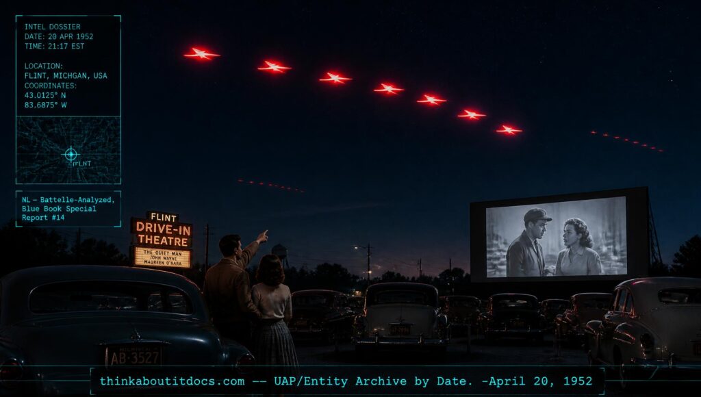 Drive-in movie patrons watching roughly twenty groups of glowing red aircraft-shaped objects cross the sky over Flint, Michigan, April 1952
