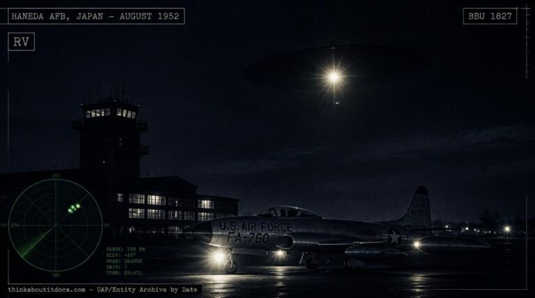 Illustration of the brilliant light and dark disc-shaped object tracked by radar and eye over Haneda Air Force Base, Japan in August 1952