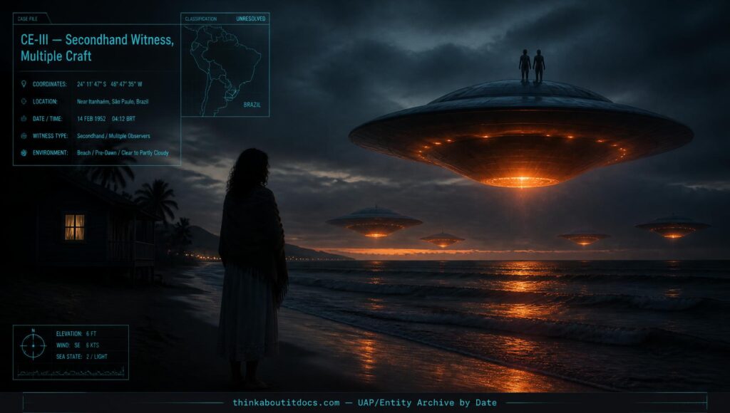 Woman watching a formation of orange-glowing disc-shaped UFOs with human figures atop one craft near Itanhaém, Brazil, 1952