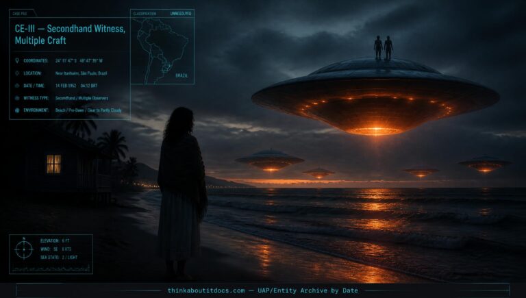 Woman watching a formation of orange-glowing disc-shaped UFOs with human figures atop one craft near Itanhaém, Brazil, 1952