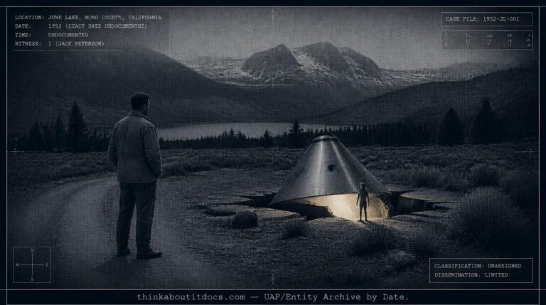 Dossier-style illustration of the 1952 June Lake, California encounter showing a witness observing a small humanoid figure beside a cone-shaped device emerging from an opening in the earth
