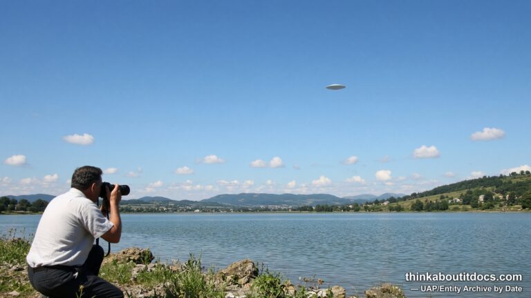 Illustration of André Fregnale photographing a disc-shaped UFO over Lac Chauvet, France in July 1952