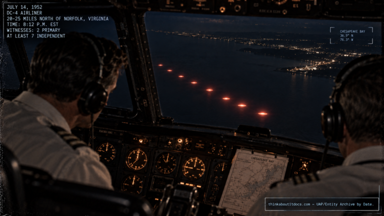 Illustration of the 1952 Nash-Fortenberry UFO sighting over Chesapeake Bay showing eight glowing discs in echelon formation