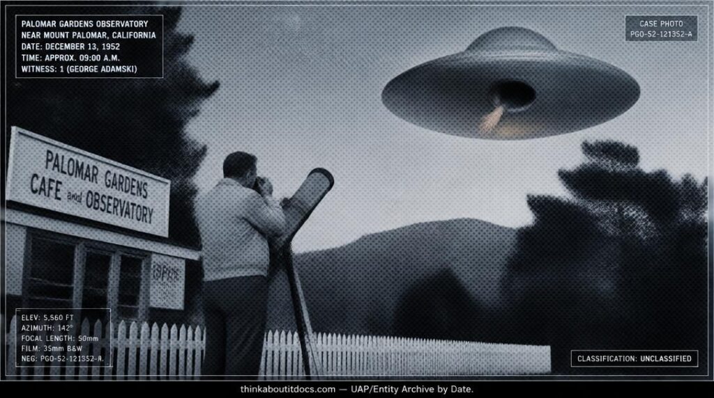 Dossier-style illustration of George Adamski's claimed December 1952 Palomar Gardens session showing a witness photographing a saucer-shaped craft with a hand extending from an open porthole