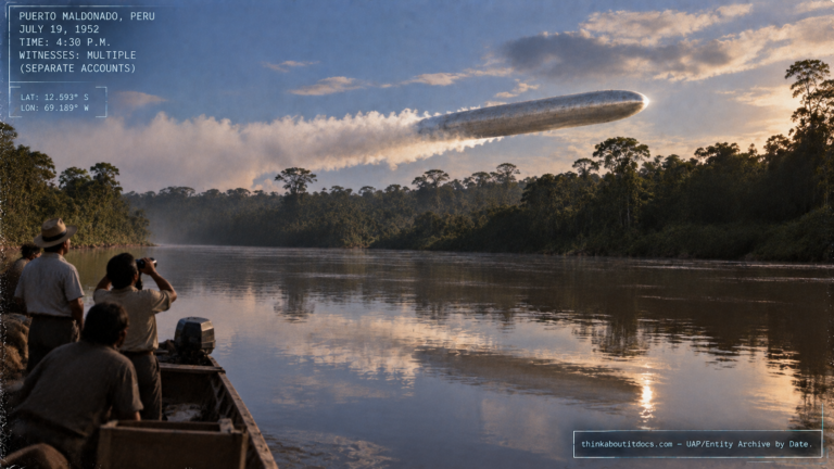 Illustration of the 1952 Puerto Maldonado, Peru UFO sighting photographed by customs inspector Domingo Troncoso over the Madre de Dios River