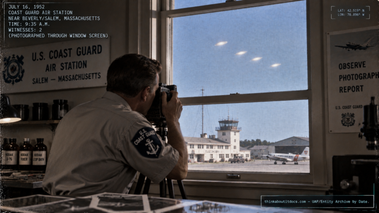 Illustration of the 1952 Salem/Beverly, Massachusetts UFO photograph taken by Coast Guard photographer Shell Alpert