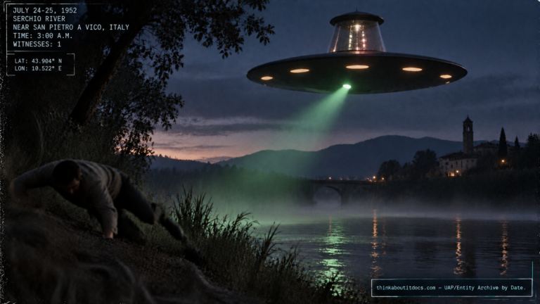 Illustration of the 1952 Serchio River UFO encounter near San Pietro a Vico, Italy witnessed by Carlo Rossi