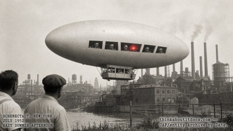 Illustration of the 1952 Schenectady, New York UFO sighting with a lowered gondola revealing human-like occupants in white caps