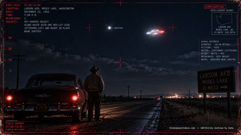 Archival-style illustration of the 1952 Larson AFB, Washington UFO case, showing a hat-shaped object hovering near Jupiter in the night sky