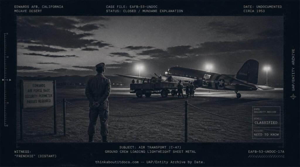 Dossier-style illustration of the unsubstantiated 1953 Edwards Air Force Base crash rumor showing a distant airman at a security perimeter watching crews load ordinary metal sheets onto a transport plane