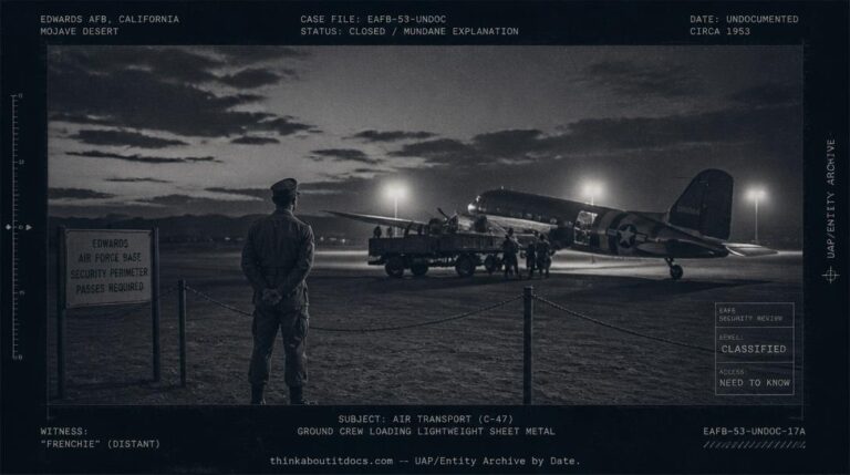 Dossier-style illustration of the unsubstantiated 1953 Edwards Air Force Base crash rumor showing a distant airman at a security perimeter watching crews load ordinary metal sheets onto a transport plane