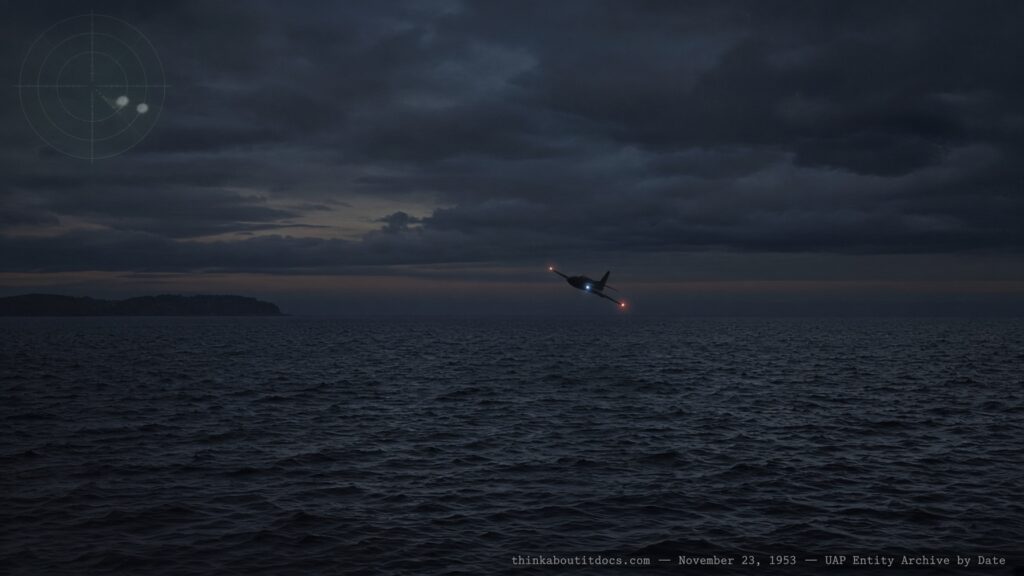 Illustration of an F-89C Scorpion jet over dark Lake Superior waters at dusk with a radar scope showing two merging blips, November 23, 1953