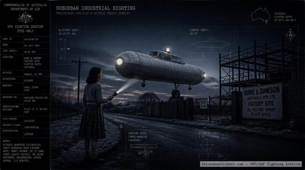 Illustration of the 1954 Dandenong, Australia UFO sighting showing a silvery cylindrical object with visible undercarriage hovering near a factory gate at dusk