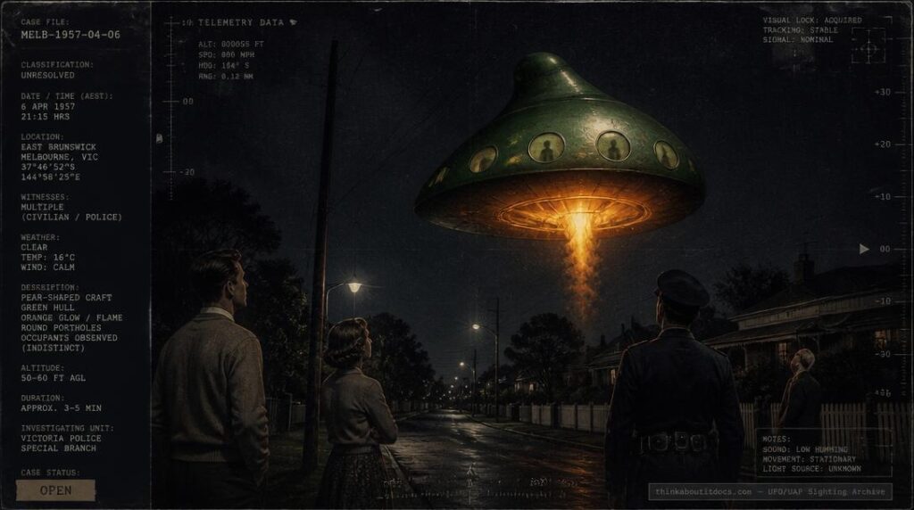 Illustration of the 1954 East Malvern, Australia UFO sighting showing a green pear-shaped saucer with faint humanoid shadows visible through its portholes