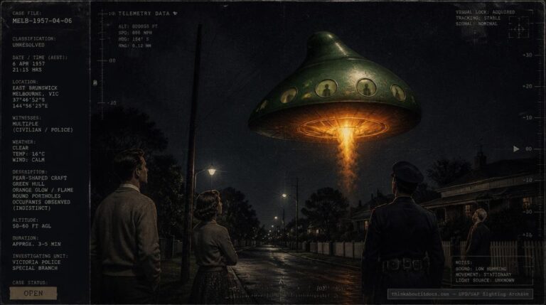 Illustration of the 1954 East Malvern, Australia UFO sighting showing a green pear-shaped saucer with faint humanoid shadows visible through its portholes