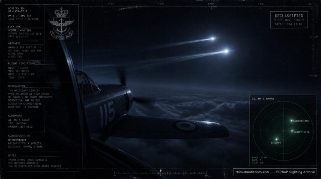 Illustration of the 1954 Goulburn, Australia Navy radar-visual UFO sighting showing a Sea Fury fighter and two unidentified lighted objects with a radar scope inset