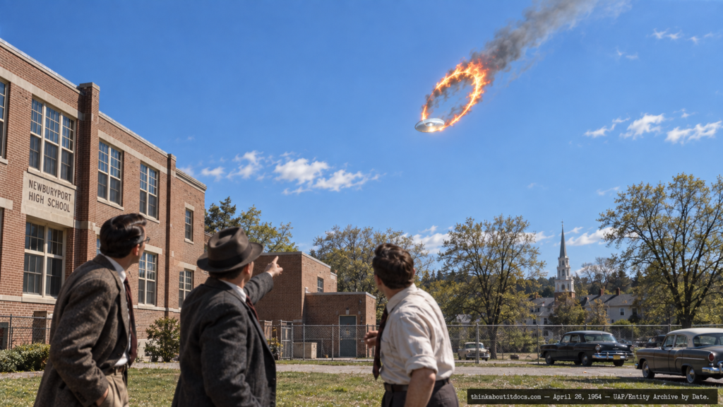 Illustration of a flaming ring-shaped object descending and reversing direction over a Newburyport, Massachusetts high school, April 26, 1954