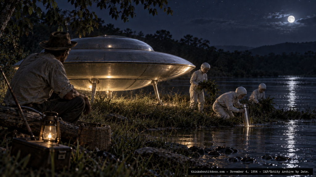 Illustration of three small white-clad entities collecting samples beside a disc-shaped craft on the Pardo River, Brazil, November 4, 1954