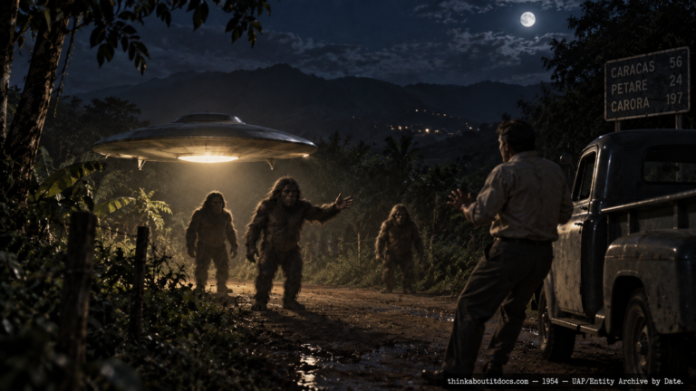 Illustration of hair-covered humanoid entities near a hovering disc-shaped craft confronting a witness on a rural Venezuelan road, 1954