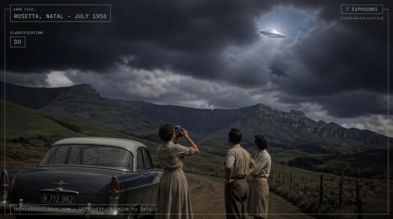 Illustration of the metallic disc photographed over the Drakensberg foothills near Rosetta, Natal, South Africa by Elizabeth Klarer on July 17, 1956