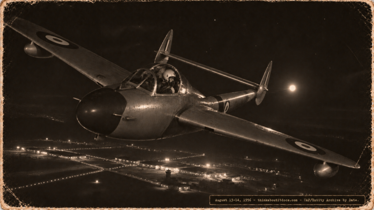 1950s-style illustration of a de Havilland Venom night fighter banking over RAF Lakenheath with a bright point of light maintaining position directly behind it, August 13-14, 1956.