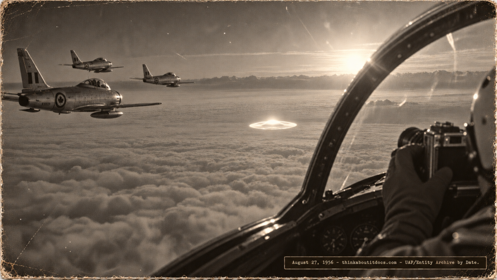 1950s-style illustration showing the cockpit view from an RCAF F-86 Sabre over the Canadian Rockies at 36,000 feet, with a sharply defined bright disc-shaped object visible above the cloud deck below, as a pilot's gloved hand holds a camera ready to photograph it, August 27, 1956.