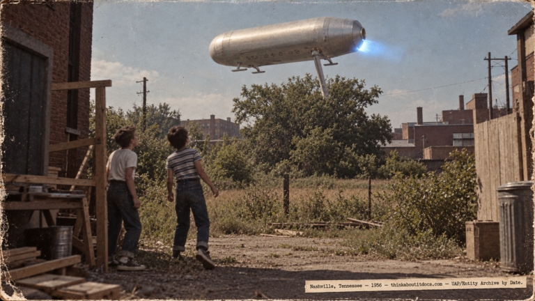 1950s-style documentary illustration of two eleven-year-old boys in a Nashville Tennessee alley field staring up at a dull silver cylinder with helicopter skids hovering above a tree at noon, a silver probe tube extending from its underside into the leaf canopy, and a blue glow at its rear, 1956.
