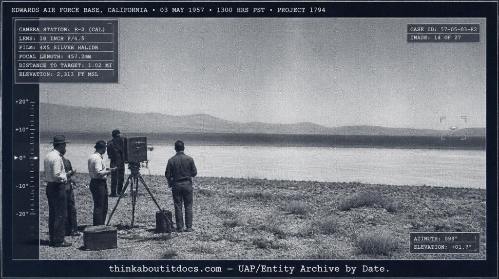 Dossier-style illustration of the 1957 Edwards Air Force Base incident showing a distant fixed tracking camera and a small, indistinct silver shape on a dry lake bed
