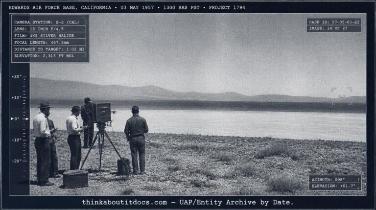 Dossier-style illustration of the 1957 Edwards Air Force Base incident showing a distant fixed tracking camera and a small, indistinct silver shape on a dry lake bed