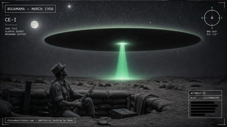 Illustration of the enormous glowing disc-shaped UFO reported by a French Foreign Legionnaire near Bouamama, Algeria in March 1958