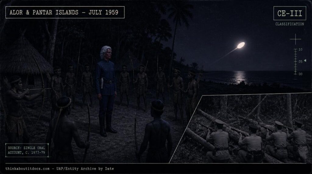 Illustration of the reddish-skinned, silver-haired humanoid beings and glowing egg-shaped departing craft reported over Indonesia's Alor and Pantar Islands in July 1959