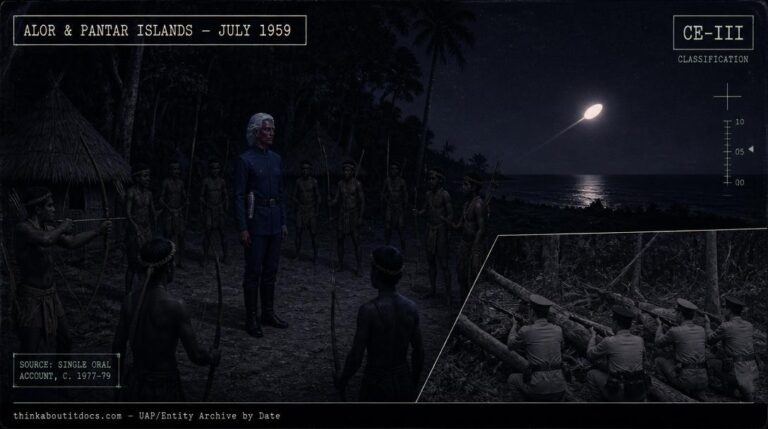 Illustration of the reddish-skinned, silver-haired humanoid beings and glowing egg-shaped departing craft reported over Indonesia's Alor and Pantar Islands in July 1959