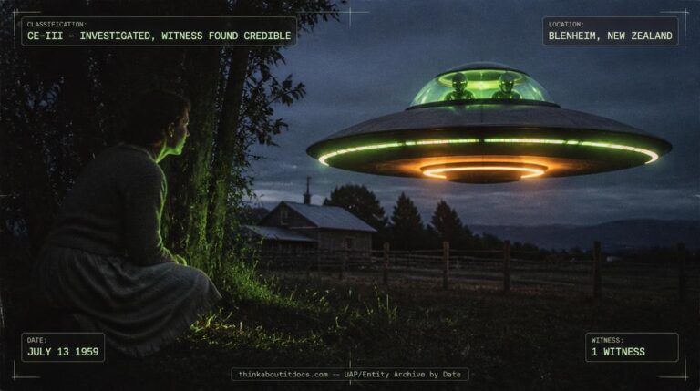 A domed, saucer-shaped craft with green lights and two humanoid occupants hovering over a New Zealand farm paddock before dawn, July 1959
