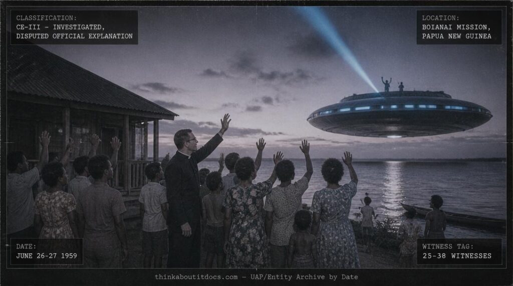 A large disc-shaped craft with four human-like figures on its deck hovering over Boianai, Papua New Guinea at dusk, June 1959