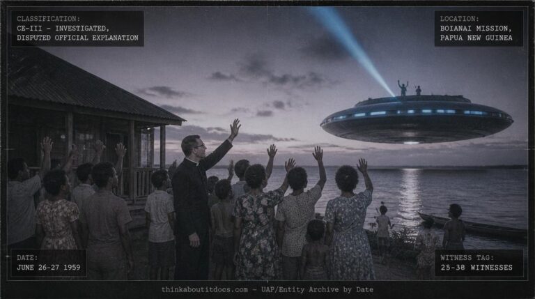 A large disc-shaped craft with four human-like figures on its deck hovering over Boianai, Papua New Guinea at dusk, June 1959