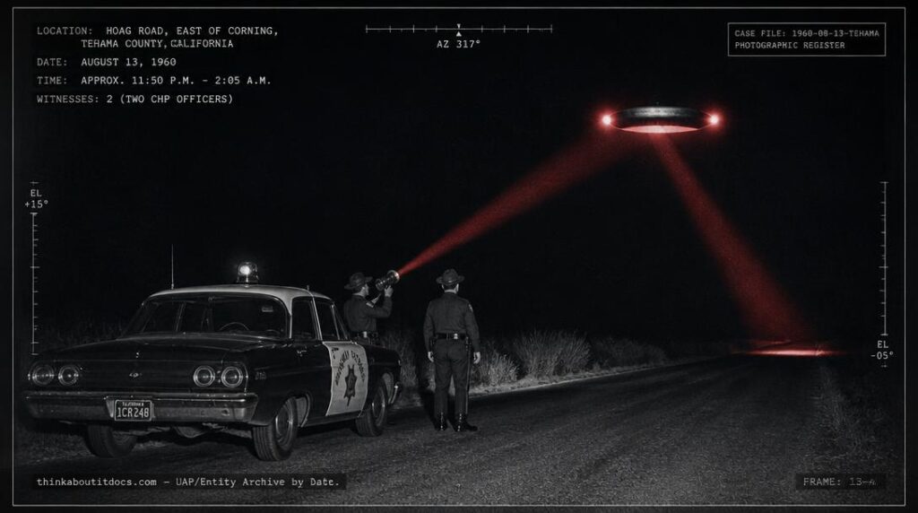 Dossier-style illustration of the 1960 Red Bluff Incident showing two California Highway Patrol officers watching a glowing red-lighted object sweep a red beam toward their patrol car at night