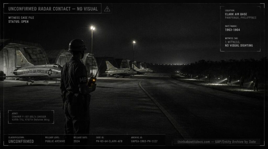 An Air Police sentry and Strike Team searching a runway perimeter near jungle terrain at night at Clark Air Base, Philippines, 1963-1964