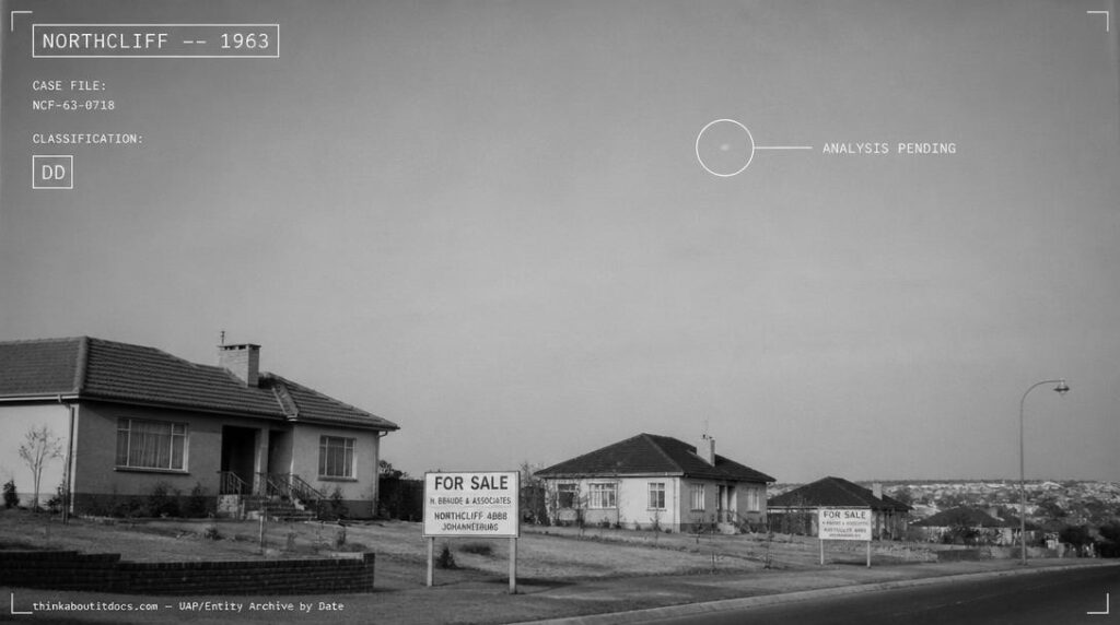 Illustration of the unidentified mark found in a 1963 black-and-white real estate photograph taken in Northcliff, Johannesburg, South Africa