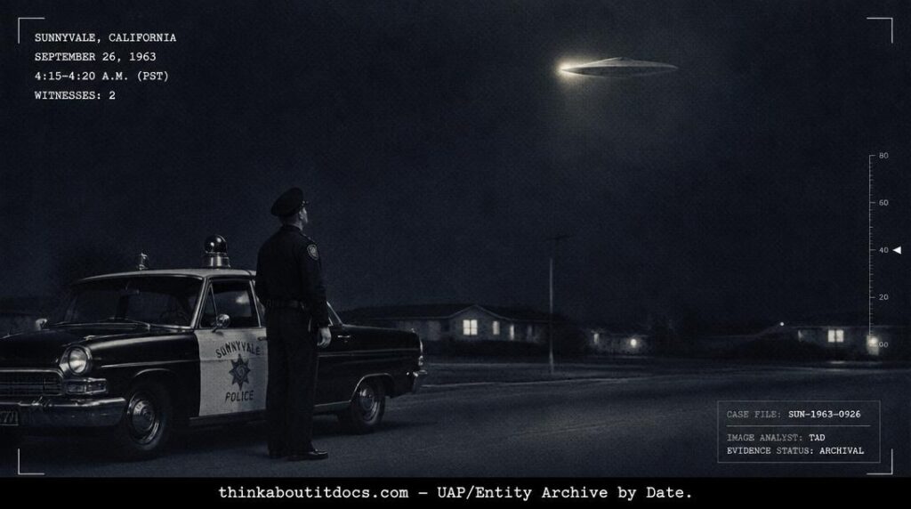 Dossier-style illustration of the 1963 Sunnyvale, California sighting showing a police officer watching a grayish pulsing disc-shaped object in the pre-dawn sky