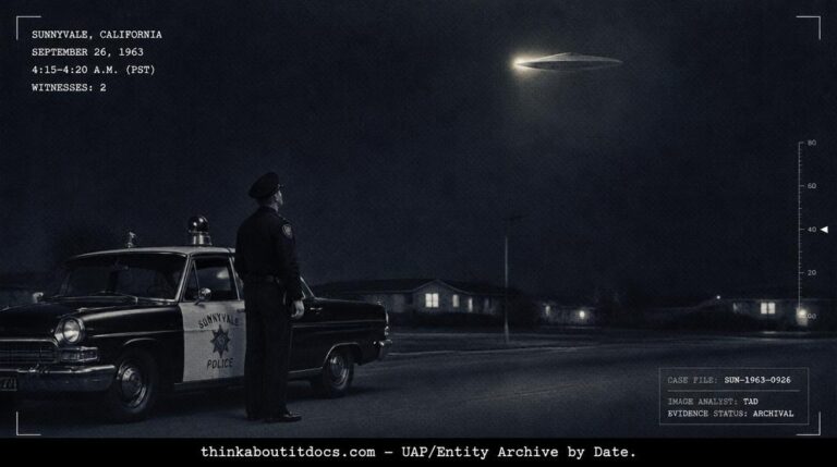 Dossier-style illustration of the 1963 Sunnyvale, California sighting showing a police officer watching a grayish pulsing disc-shaped object in the pre-dawn sky