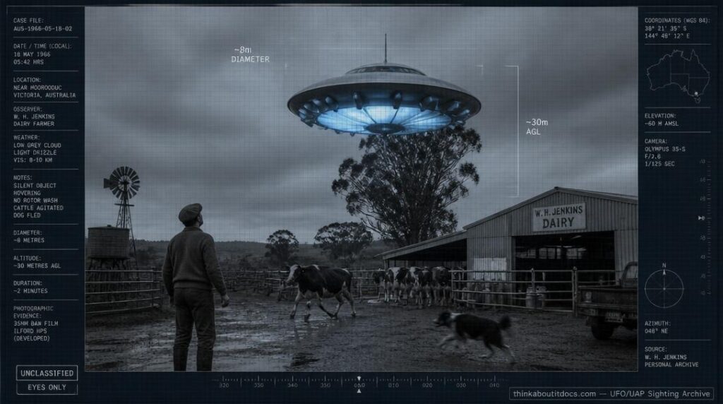 Illustration of the 1963 Willow Grove, Victoria UFO encounter showing a battleship-grey disc with a glowing blue rotating underside hovering over a dairy farm