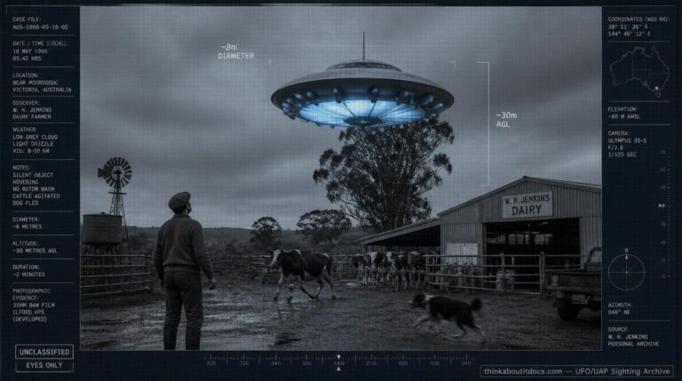 Illustration of the 1963 Willow Grove, Victoria UFO encounter showing a battleship-grey disc with a glowing blue rotating underside hovering over a dairy farm