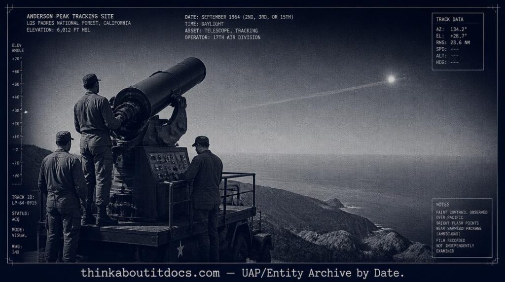 Dossier-style illustration of the 1964 Big Sur UFO filming showing Air Force personnel operating a mountaintop tracking telescope with a distant missile and ambiguous bright flashes over the Pacific