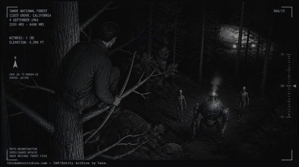 Dossier-style illustration of the 1964 Cisco Grove, California encounter showing a man in a tree with a bow facing two humanoid figures and a robot-like entity below
