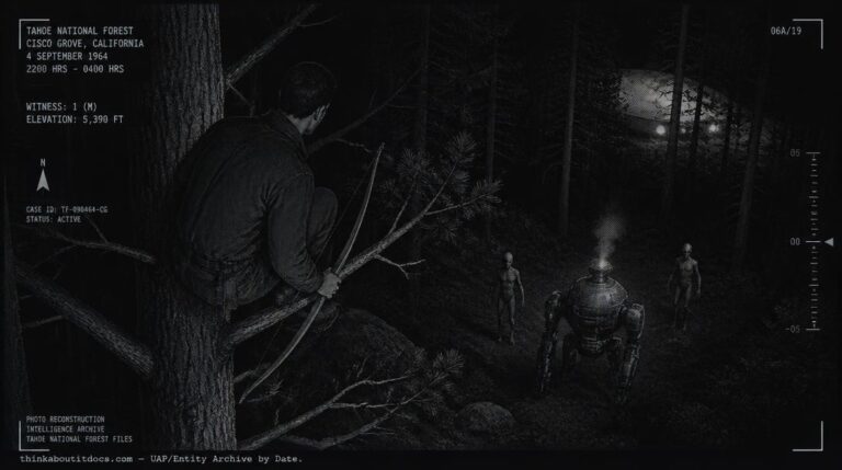 Dossier-style illustration of the 1964 Cisco Grove, California encounter showing a man in a tree with a bow facing two humanoid figures and a robot-like entity below