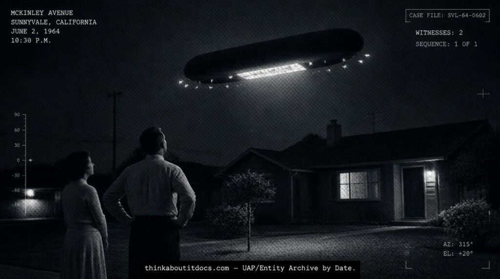 Dossier-style illustration of the 1964 Sunnyvale, California sighting showing two witnesses watching a dark cigar-shaped object with fluttering lights hovering low over rooftops