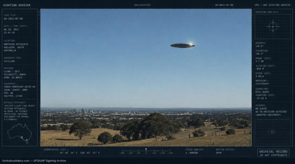 Illustration of the 1965 Adelaide, Australia UFO photograph showing a disc-shaped object hovering over open terrain near the city