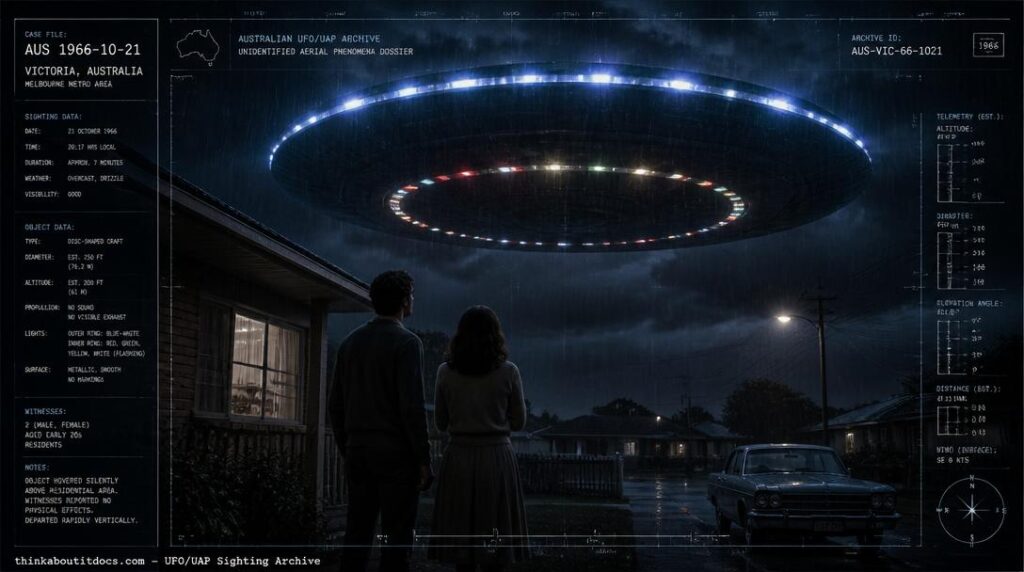 Illustration of the January 1965 Dorrington, Brisbane UFO sighting showing a large disc with flashing colored lights hovering low over a suburban house at night