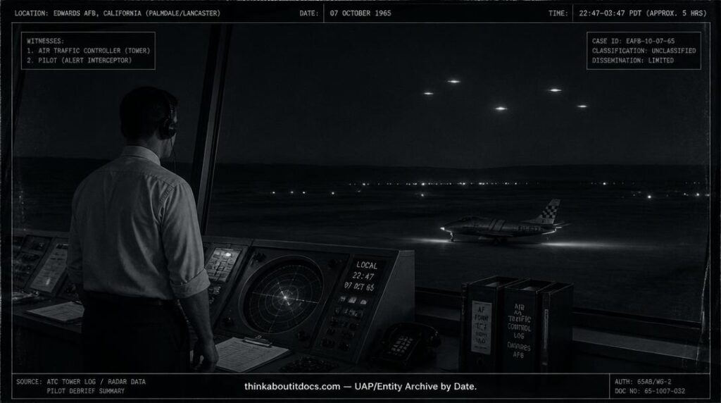 Dossier-style illustration of the 1965 Edwards Air Force Base incident showing a control tower operator watching luminous objects over the runway as an interceptor taxis below